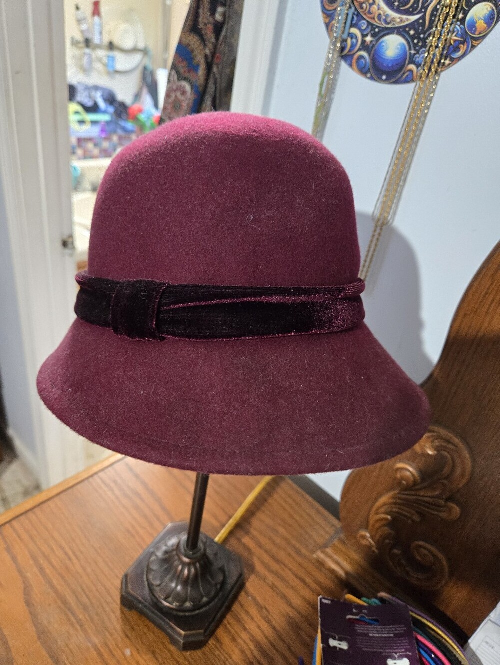 Nine West Plum Wool Cloche Hat with Velvet Band